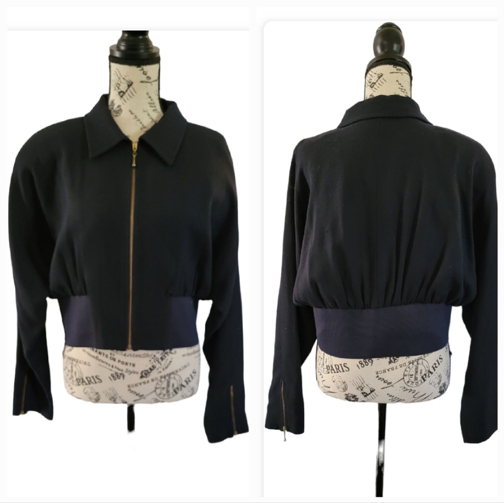 Georges Marciano USA 100% Wool Bomber Batwing Jacket Cropped Full Zip